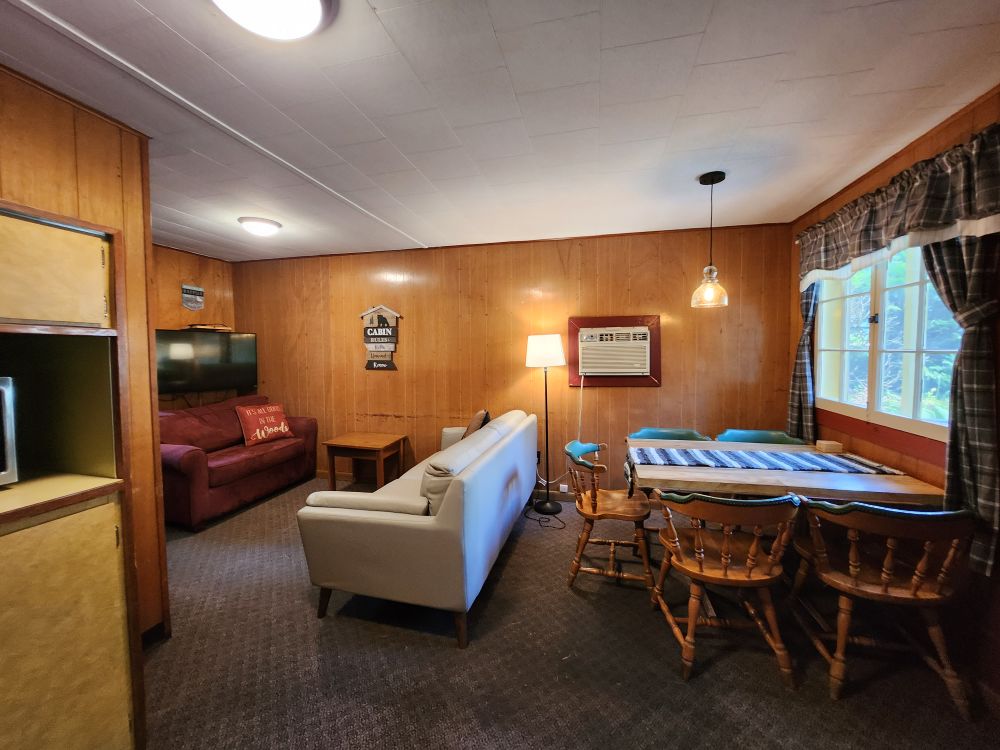 interior cabin viewing living and eating areas