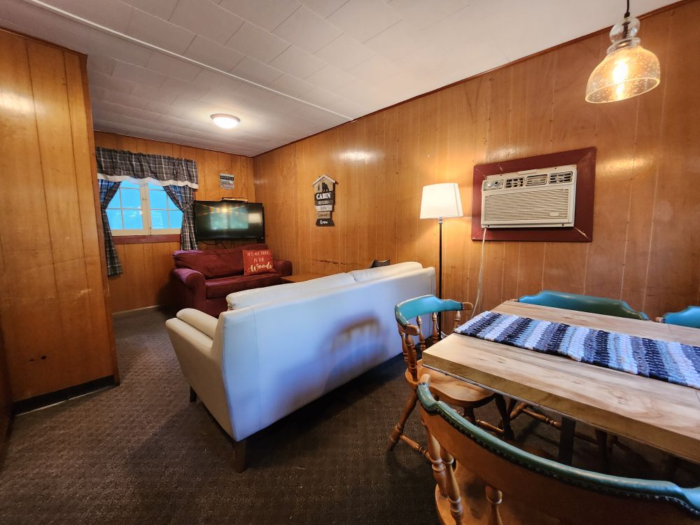 cabin interior showing couch and kitchen table